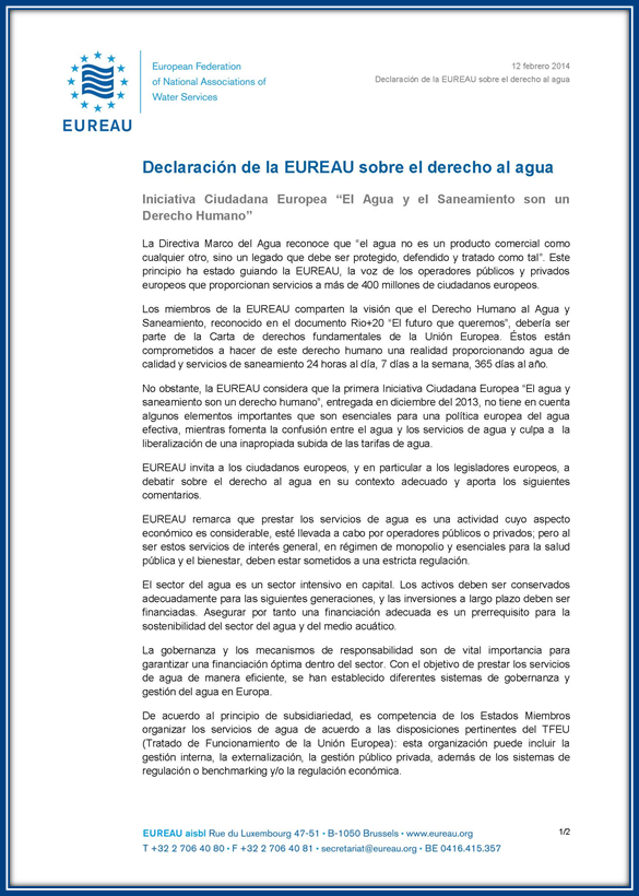 Declaración de la EUREAU sobre el derecho al agua