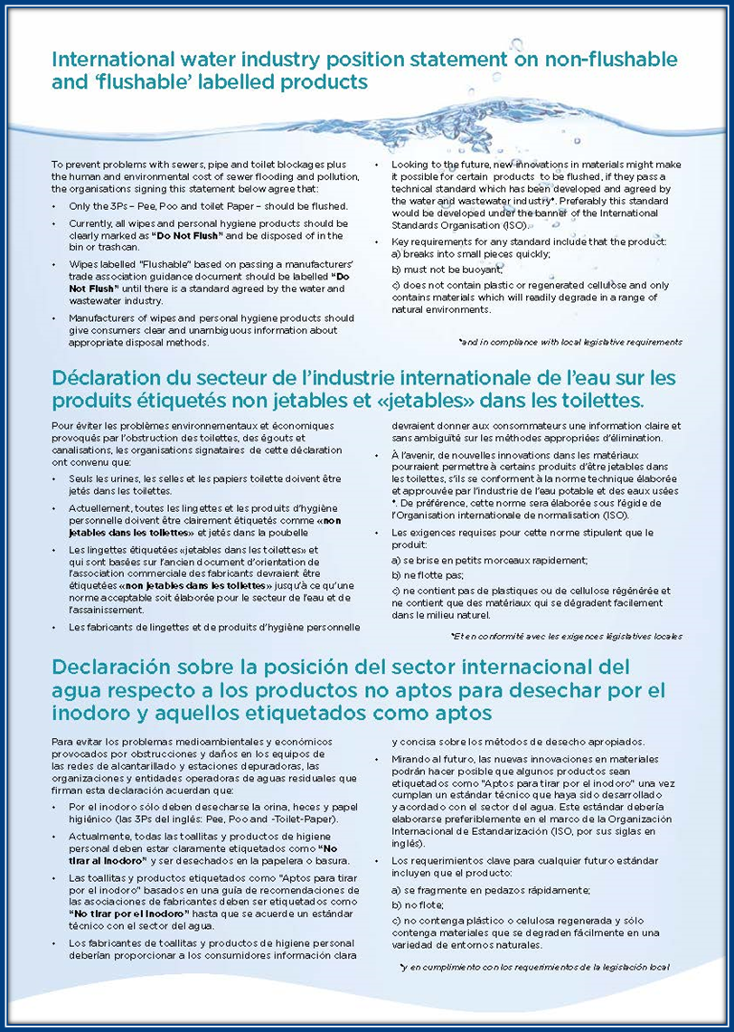 Declaración sobre la posición del sector internacional del agua respecto a los productos no aptos para desechar por el inodoro y aquellos etiquetados como aptos